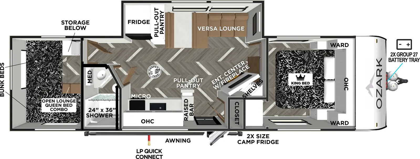 The Ozark 2890BHK floorplan has one entry and one slide out. Exterior features include: fiberglass exterior. Interiors features include: bunk beds and front bedroom.